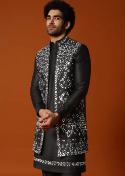 Black Kurta Jacket Set With Mirror Work For Men