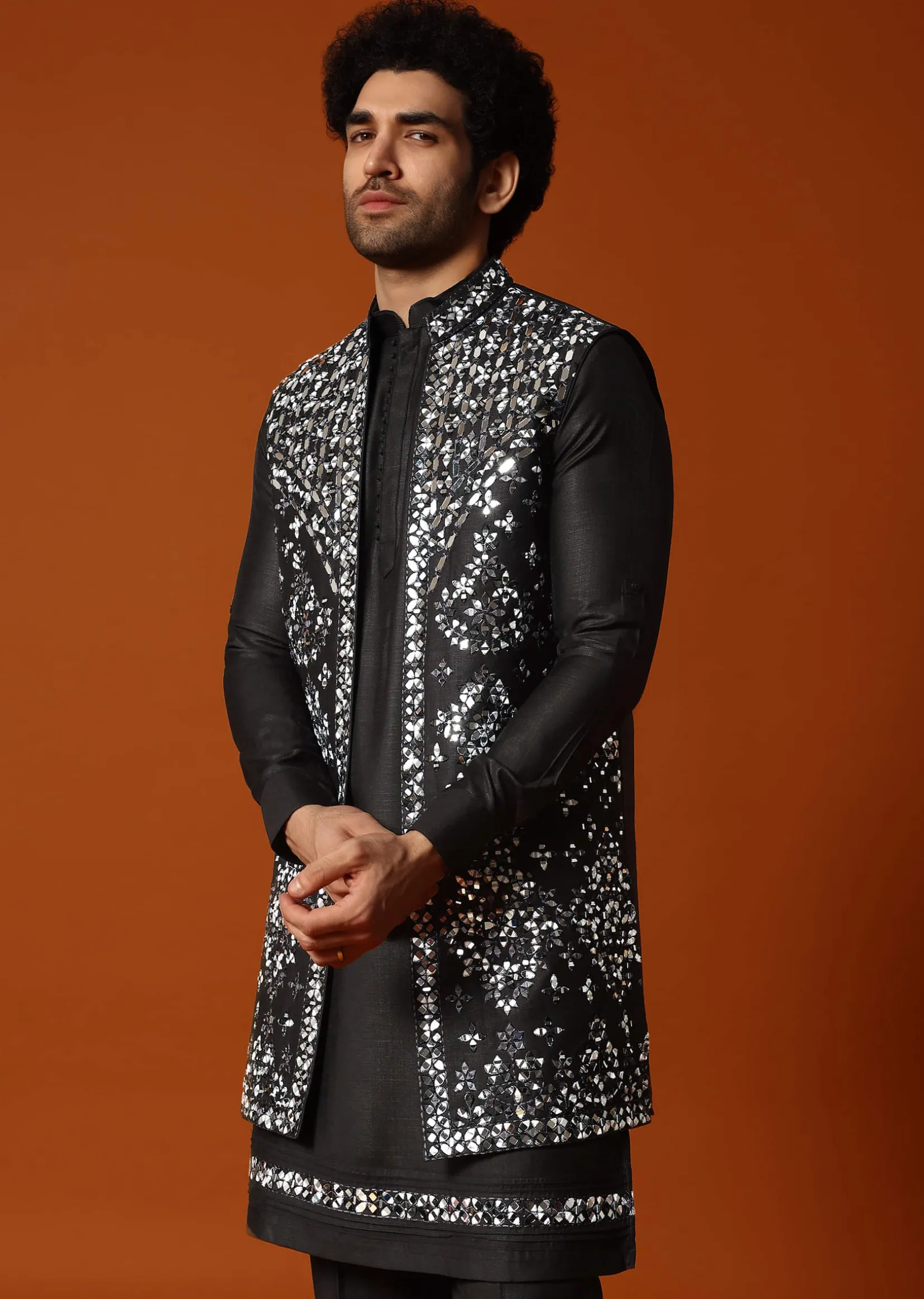 Black Kurta Jacket Set With Mirror Work For Men