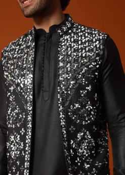 Black Kurta Jacket Set With Mirror Work For Men