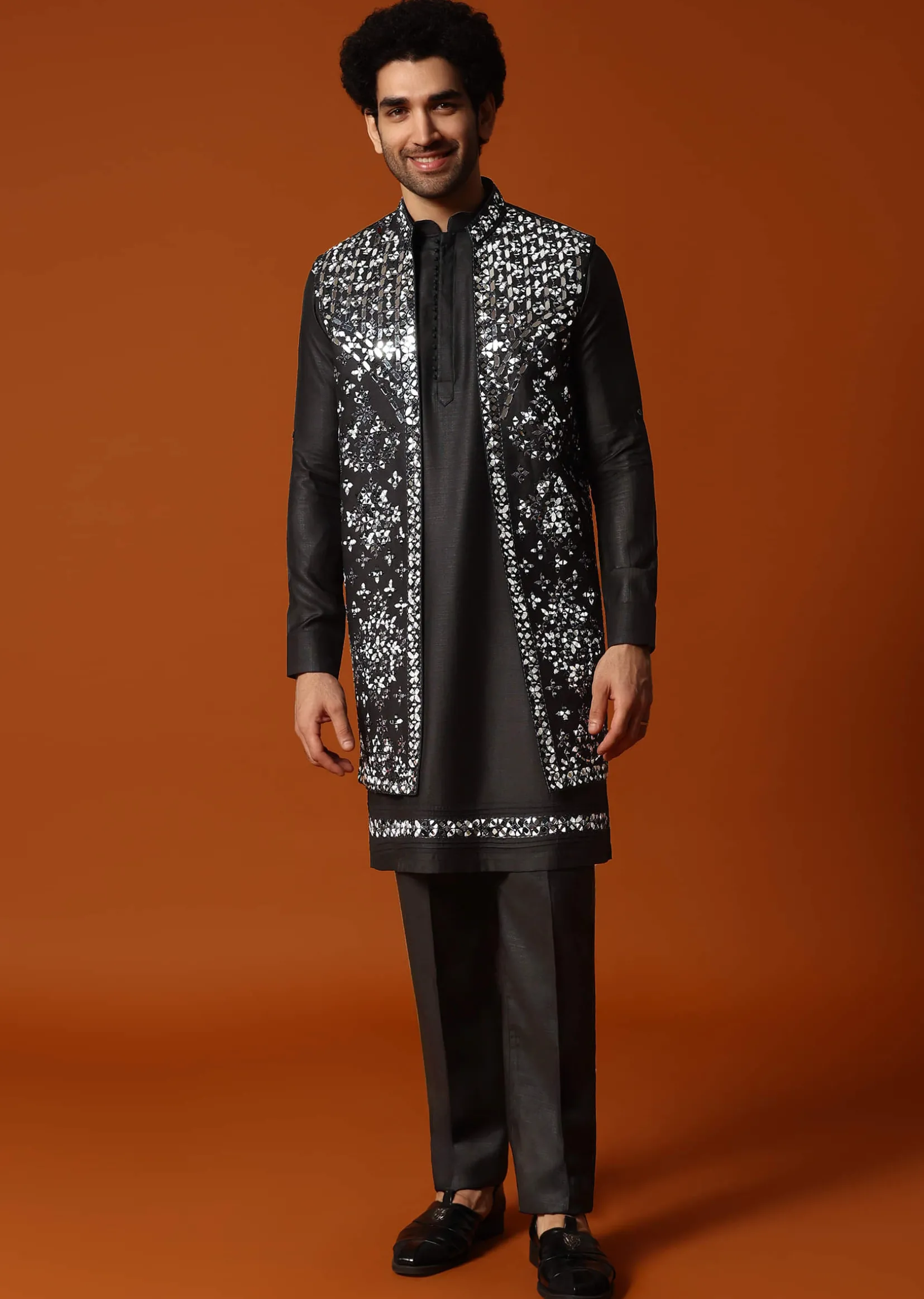 Black Kurta Jacket Set With Mirror Work For Men