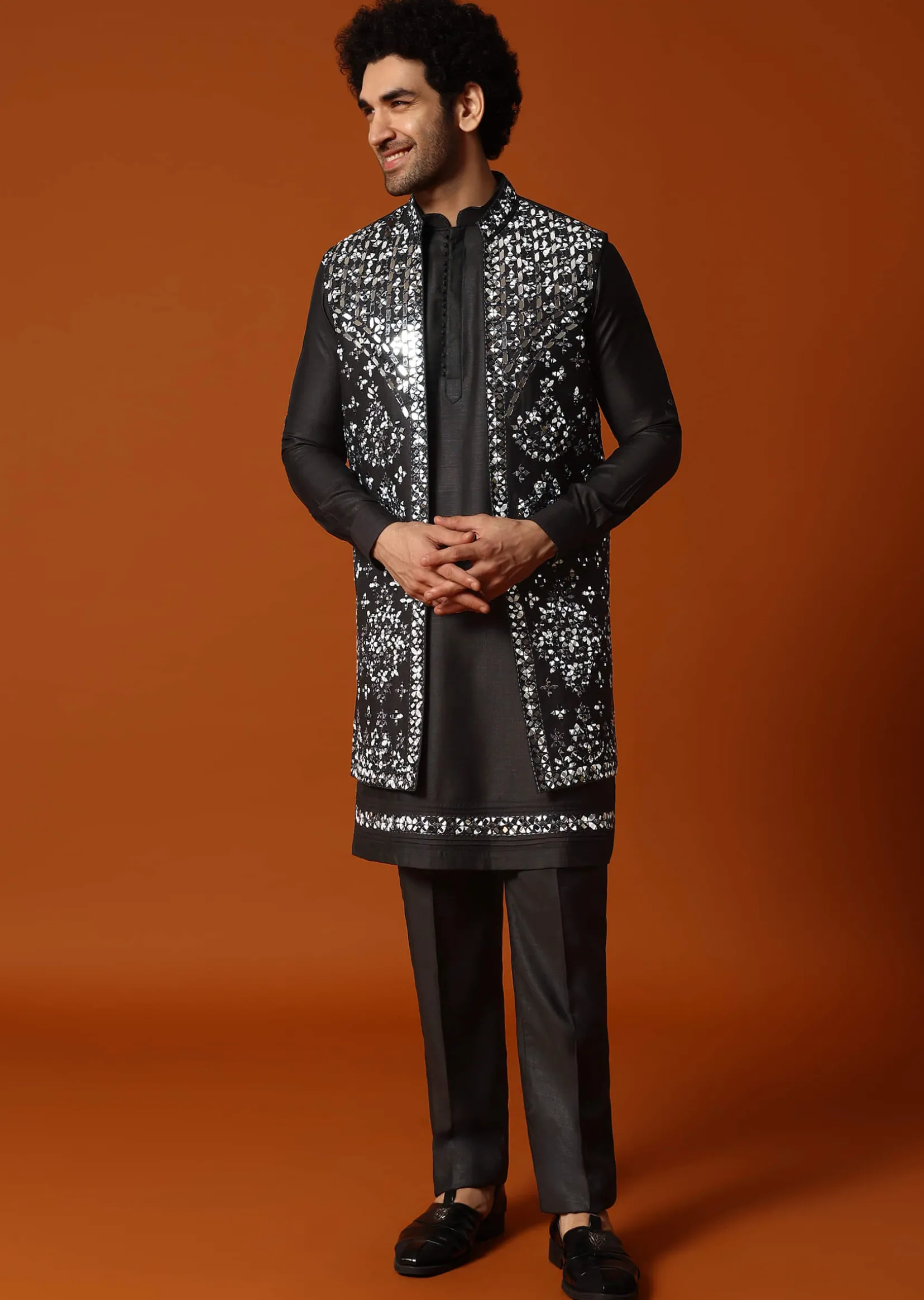 Black Kurta Jacket Set With Mirror Work For Men