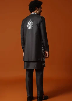 Black Kurta Jacket Set With Mirror Work For Men