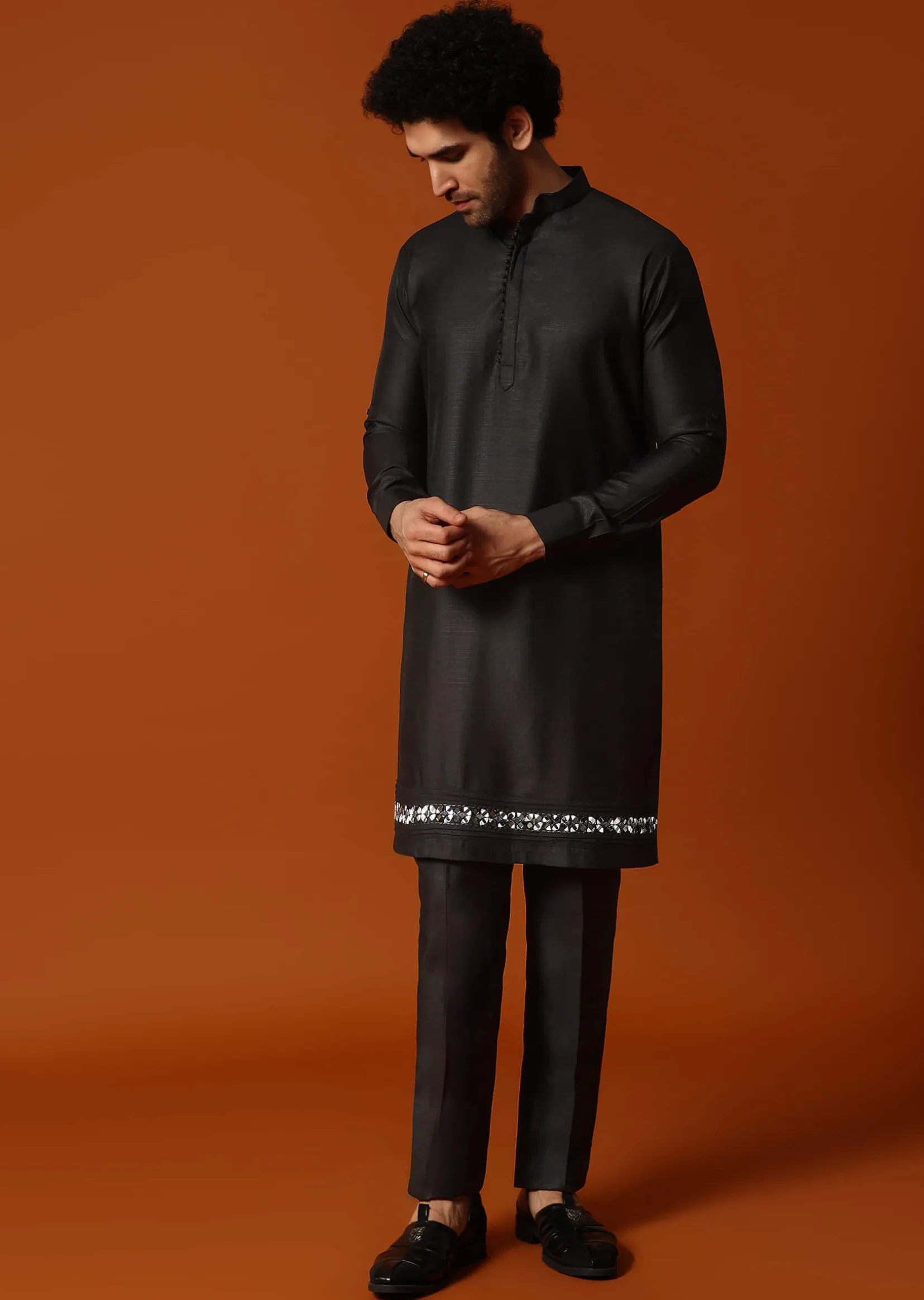 Black Kurta Jacket Set With Mirror Work For Men