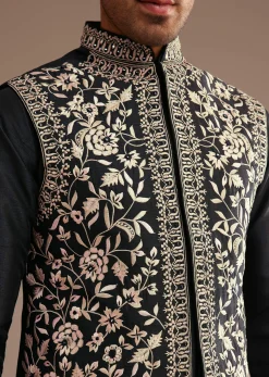 Black Kurta Jacket Set With Resham And Mirror Work
