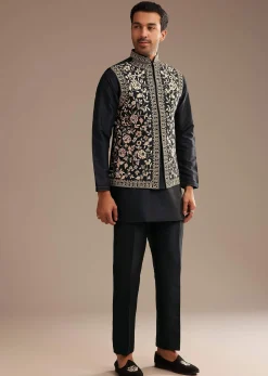 Black Kurta Jacket Set With Resham And Mirror Work