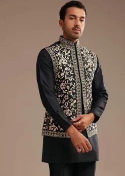 Black Kurta Jacket Set With Resham And Mirror Work