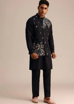 Black Kurta Jacket Set With Floral Embroidered Motifs