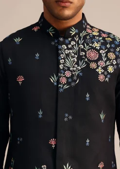 Black Kurta Jacket Set With Floral Embroidered Motifs