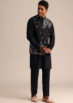 Black Kurta Jacket Set With Floral Embroidered Motifs