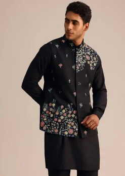 Black Kurta Jacket Set With Floral Embroidered Motifs