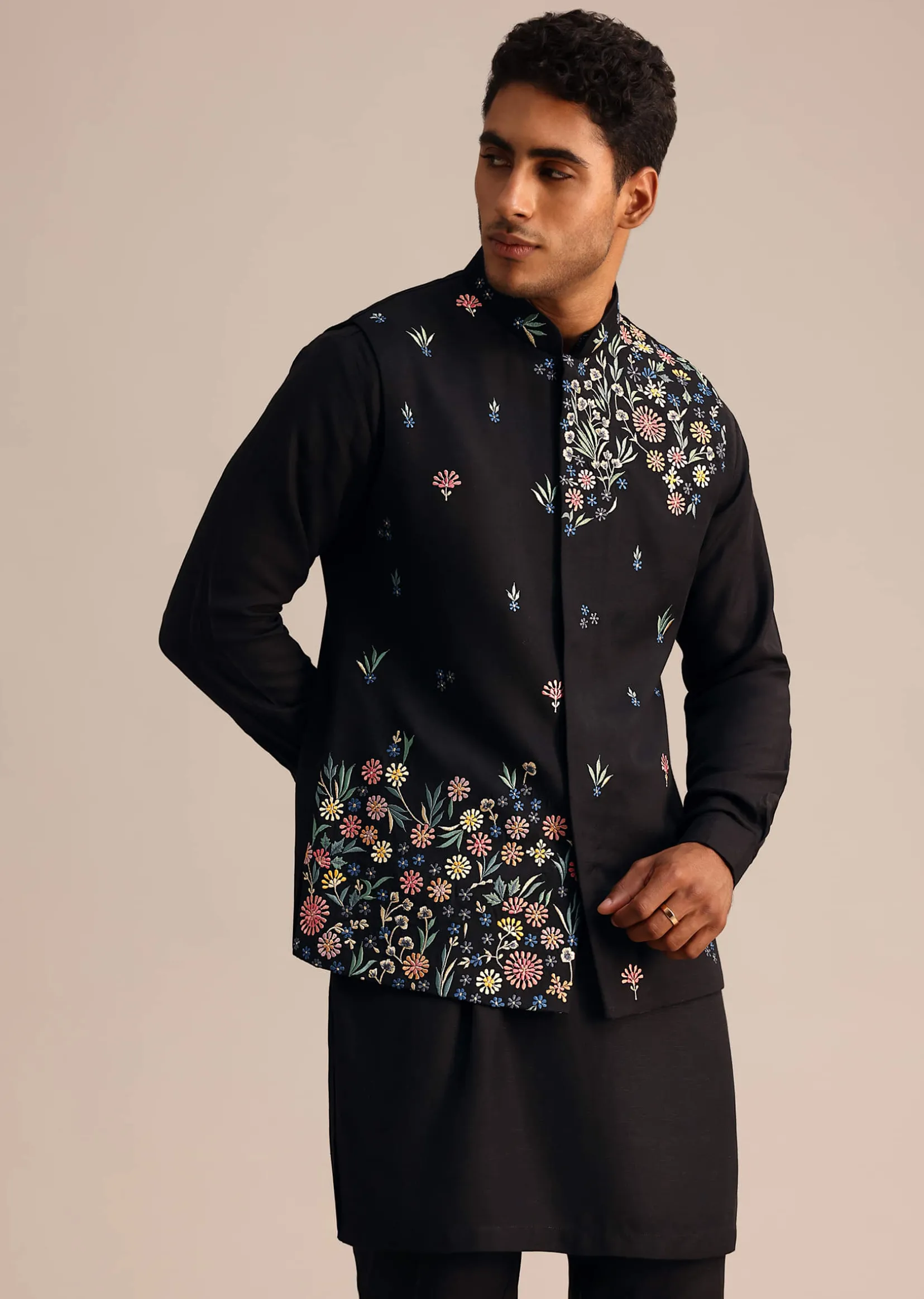 Black Kurta Jacket Set With Floral Embroidered Motifs
