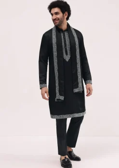 Black Kurta Set In Resham Work With Dupatta For Men