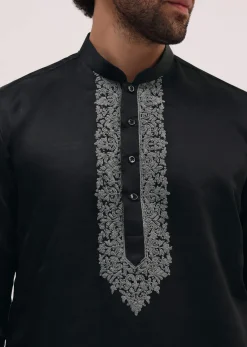 Black Kurta Set In Resham Work With Dupatta For Men