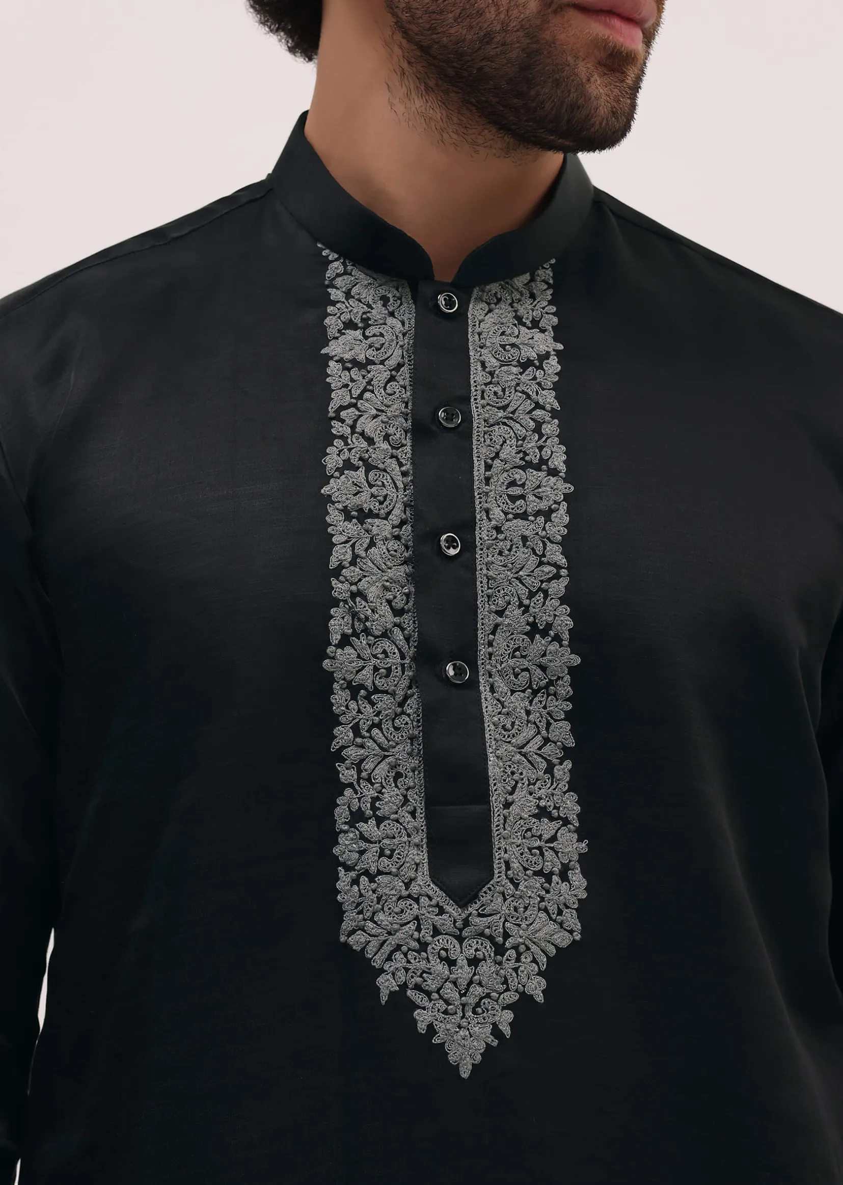 Black Kurta Set In Resham Work With Dupatta For Men