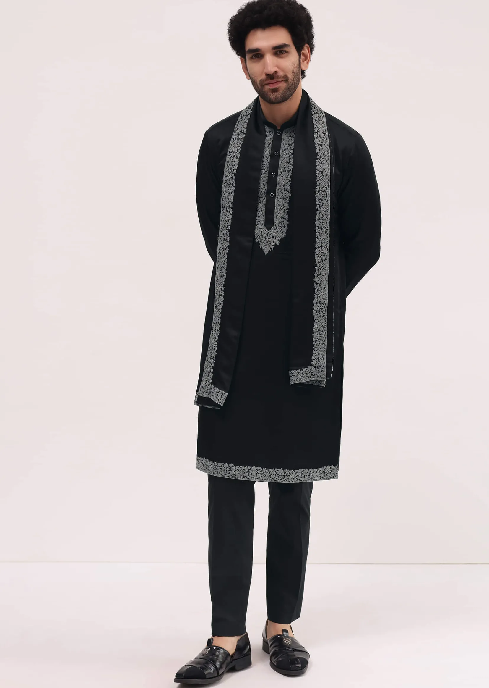 Black Kurta Set In Resham Work With Dupatta For Men