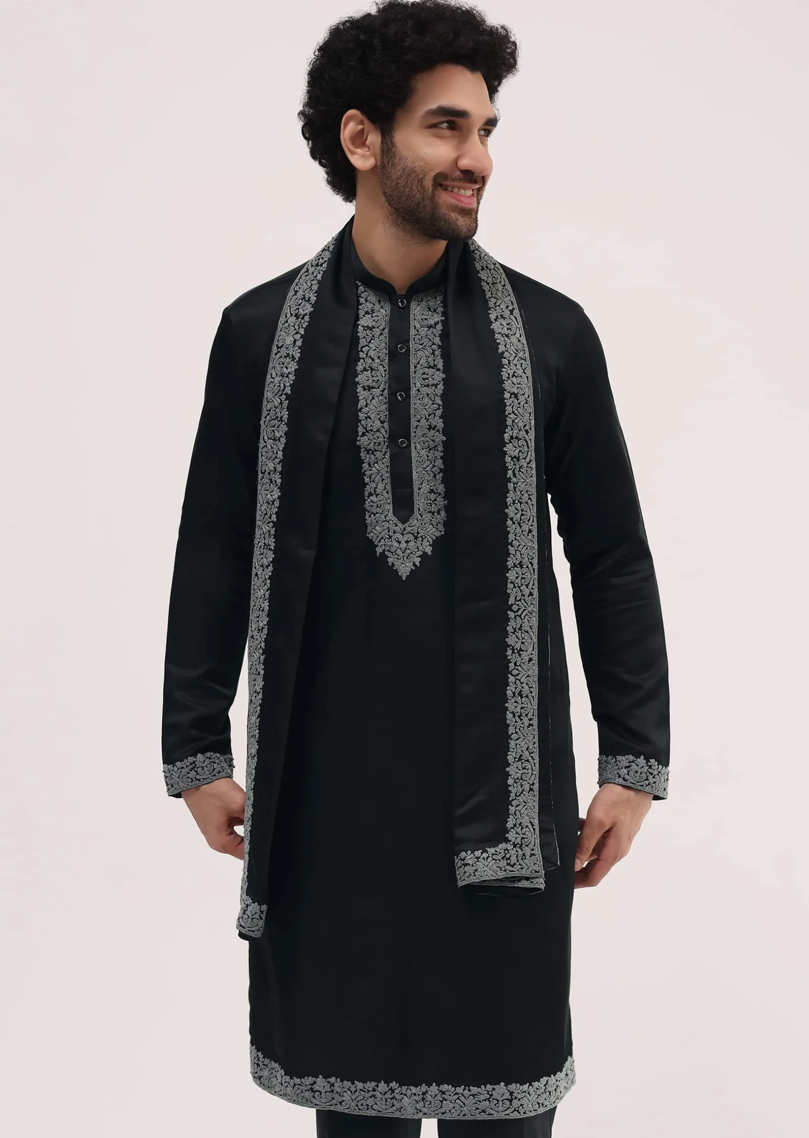 Black Kurta Set In Resham Work With Dupatta For Men