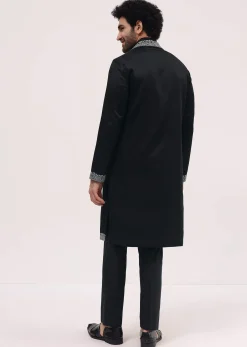 Black Kurta Set In Resham Work With Dupatta For Men