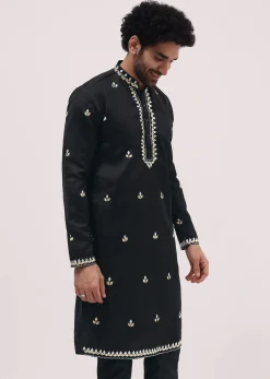 Black Kurta Set With Abla Work For Men