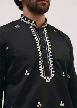 Black Kurta Set With Abla Work For Men