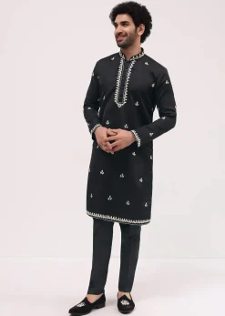 Black Kurta Set With Abla Work For Men