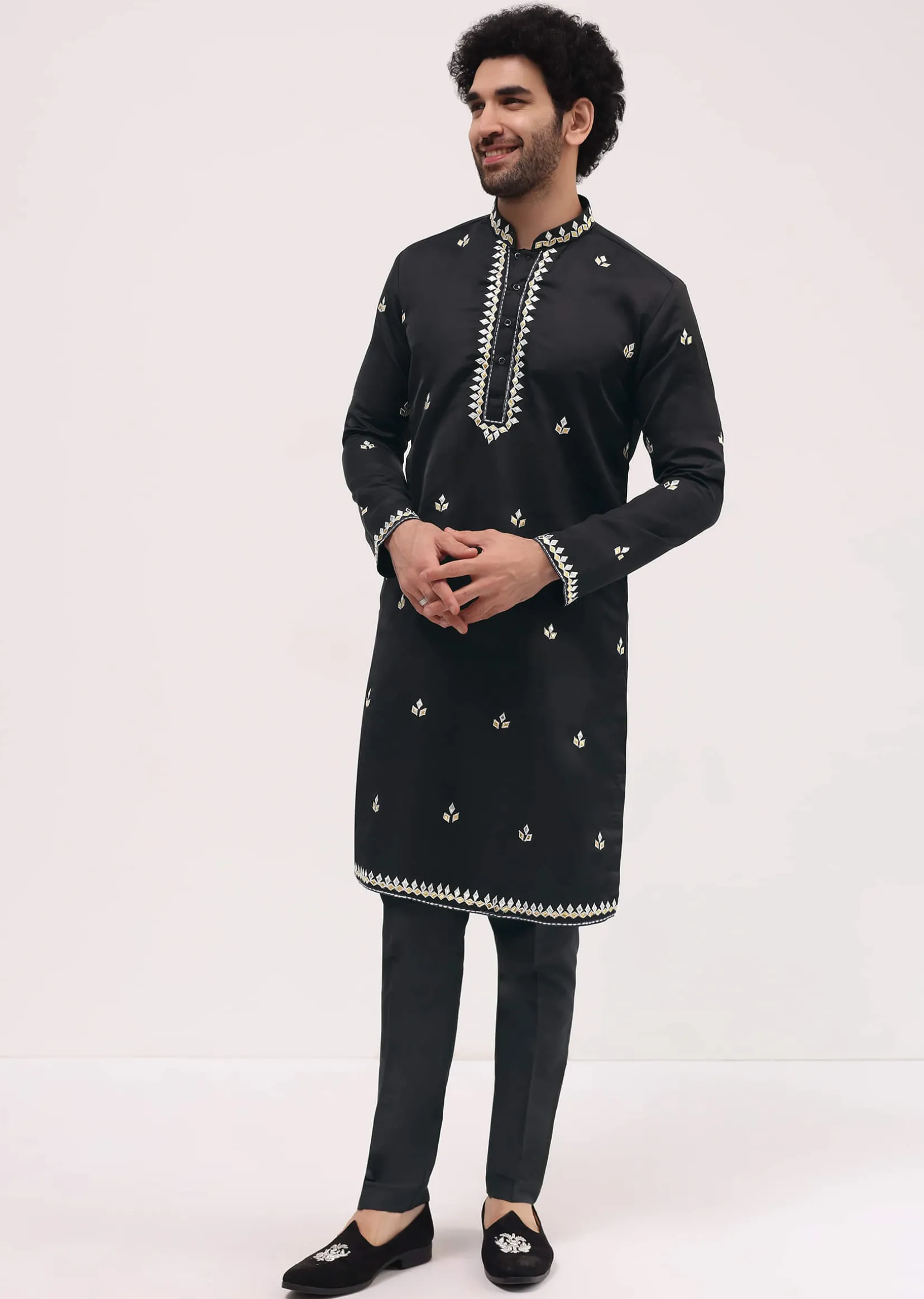 Black Kurta Set With Abla Work For Men