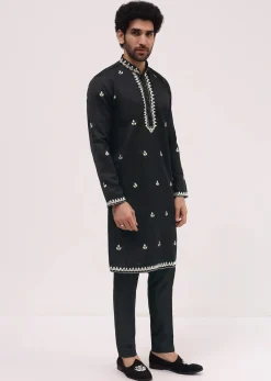 Black Kurta Set With Abla Work For Men