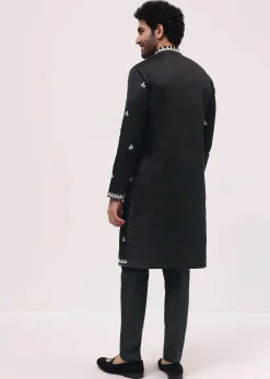 Black Kurta Set With Abla Work For Men