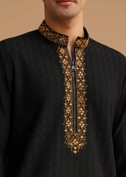 Black Kurta Set With Moti And Mirror Embroidery