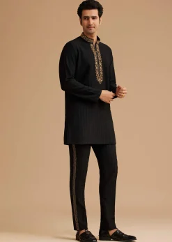 Black Kurta Set With Moti And Mirror Embroidery