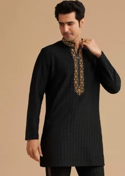 Black Kurta Set With Moti And Mirror Embroidery