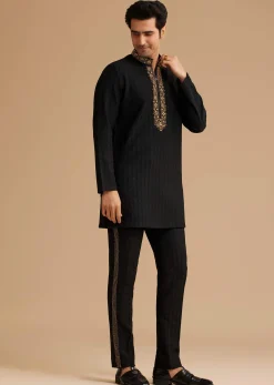 Black Kurta Set With Moti And Mirror Embroidery
