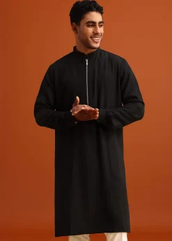 Black Kurta Set With Zipper Closure