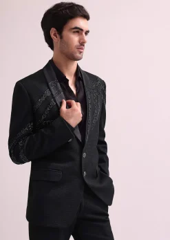 Black Lapel Hand Embroidered Tuxedo With Shirt And Pants