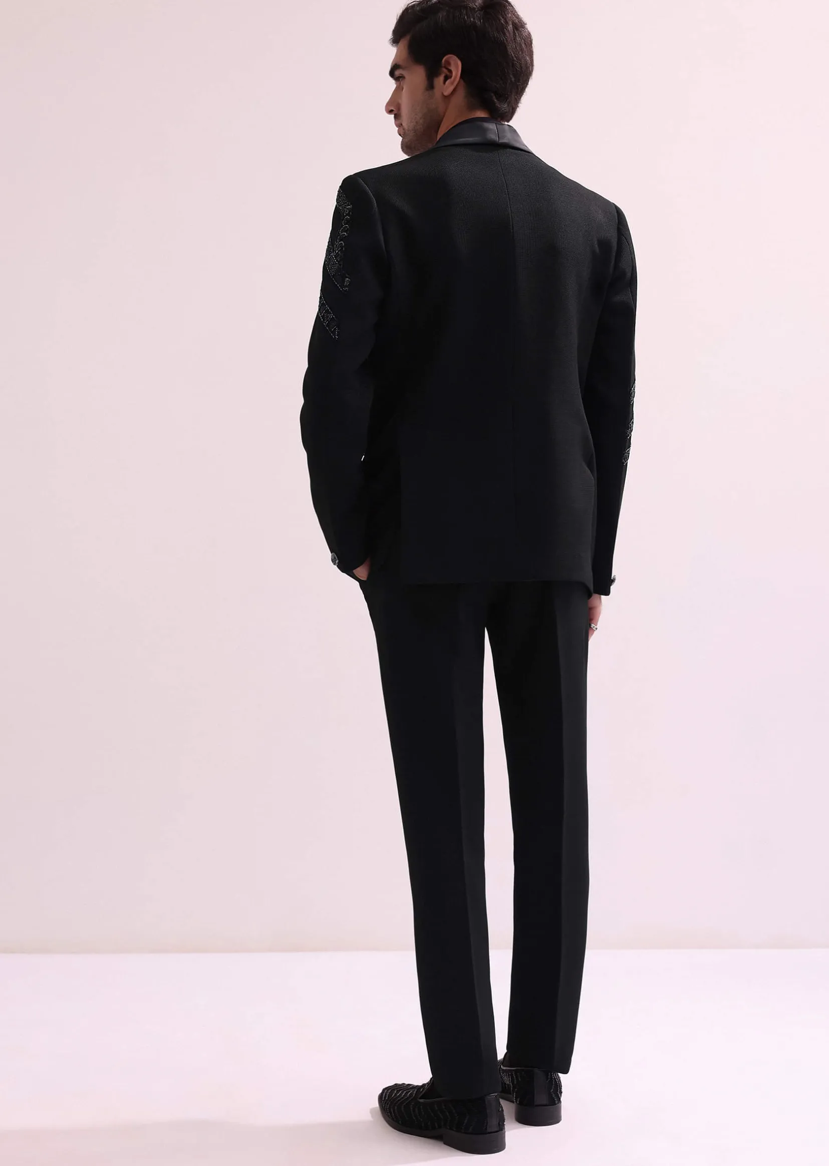 Black Lapel Hand Embroidered Tuxedo With Shirt And Pants