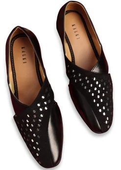 Black Leather And Velvet Jutti With Mirror Work
