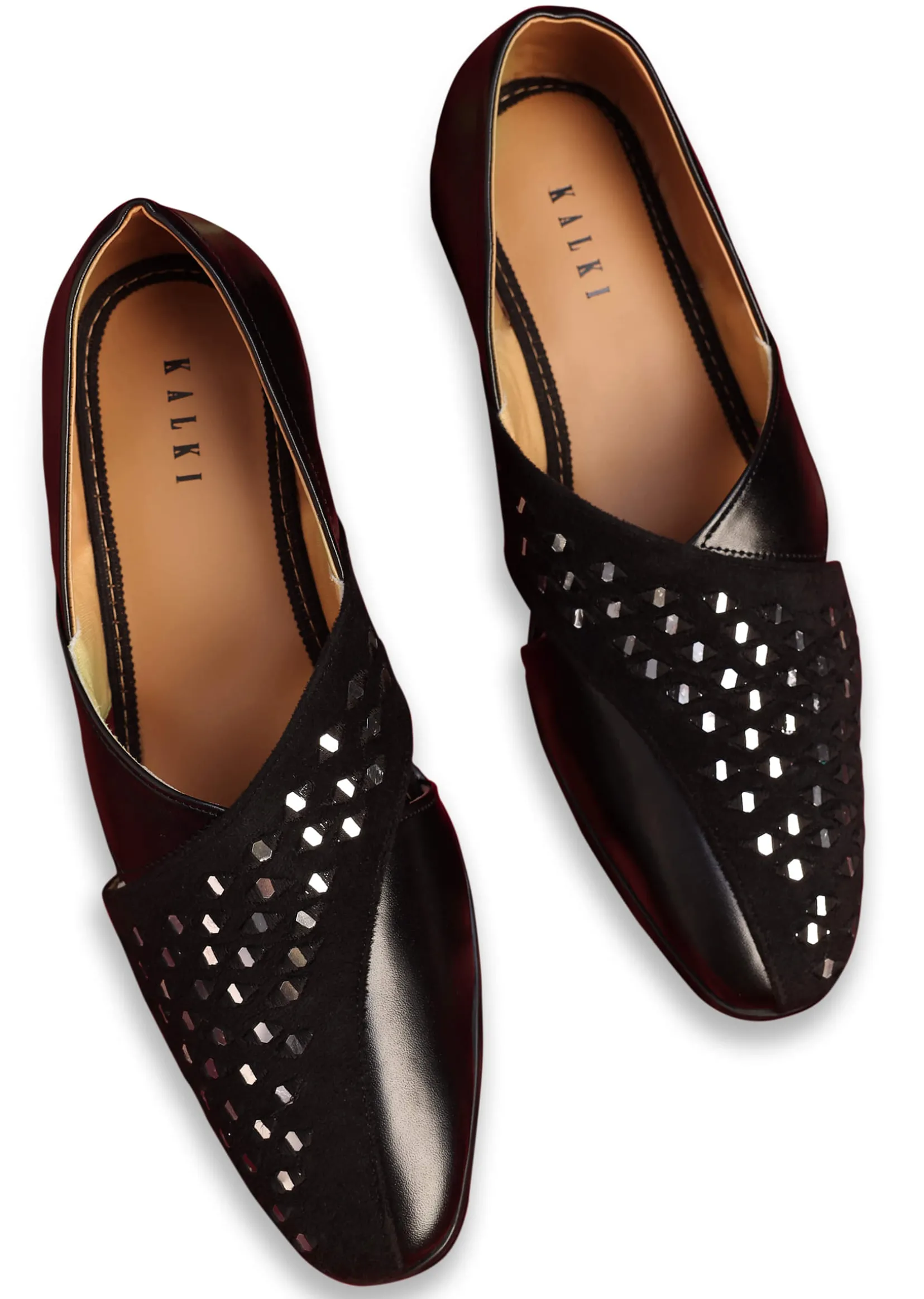 Black Leather And Velvet Jutti With Mirror Work