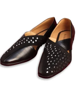 Black Leather And Velvet Jutti With Mirror Work