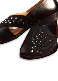 Black Leather And Velvet Jutti With Mirror Work