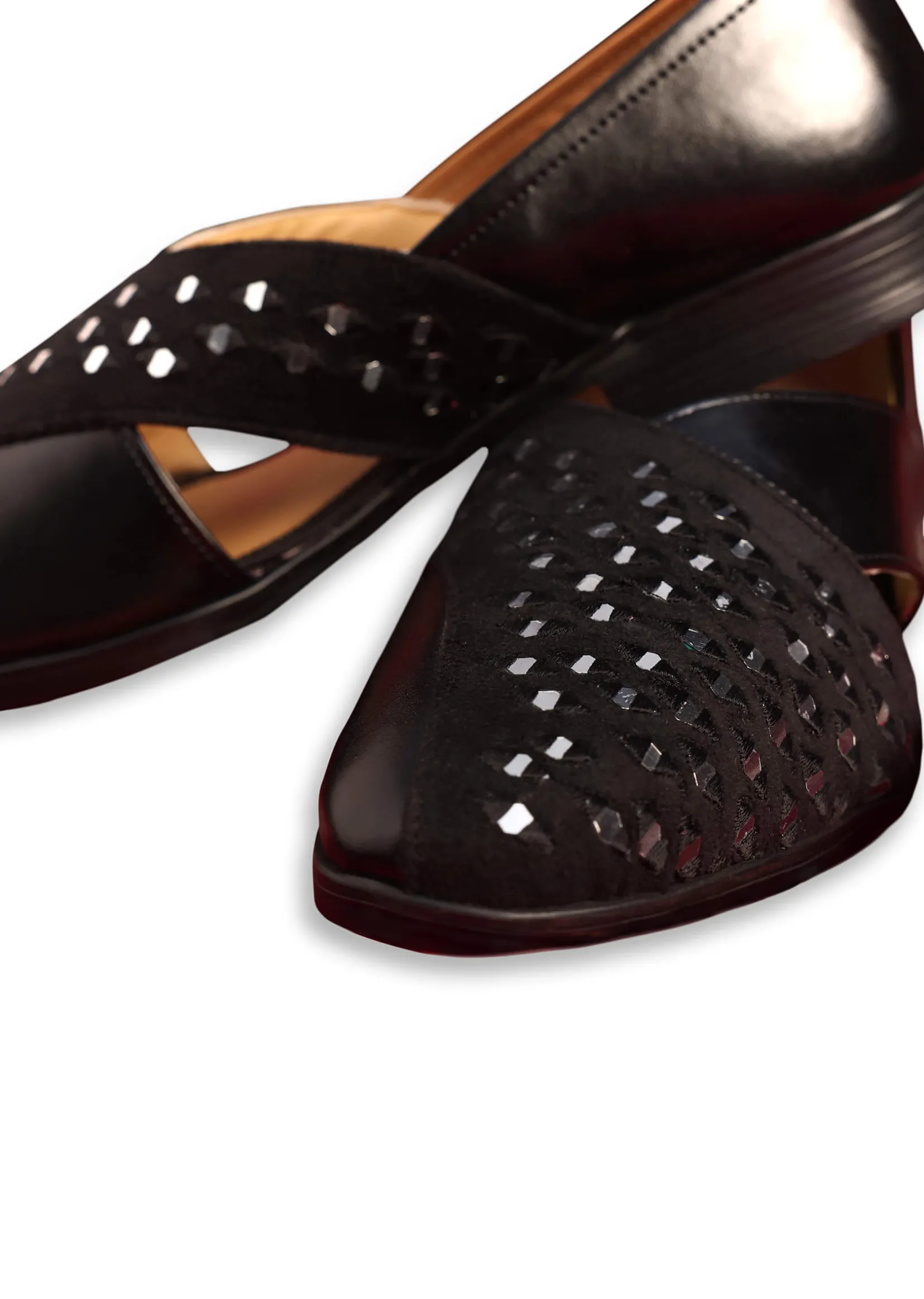 Black Leather And Velvet Jutti With Mirror Work
