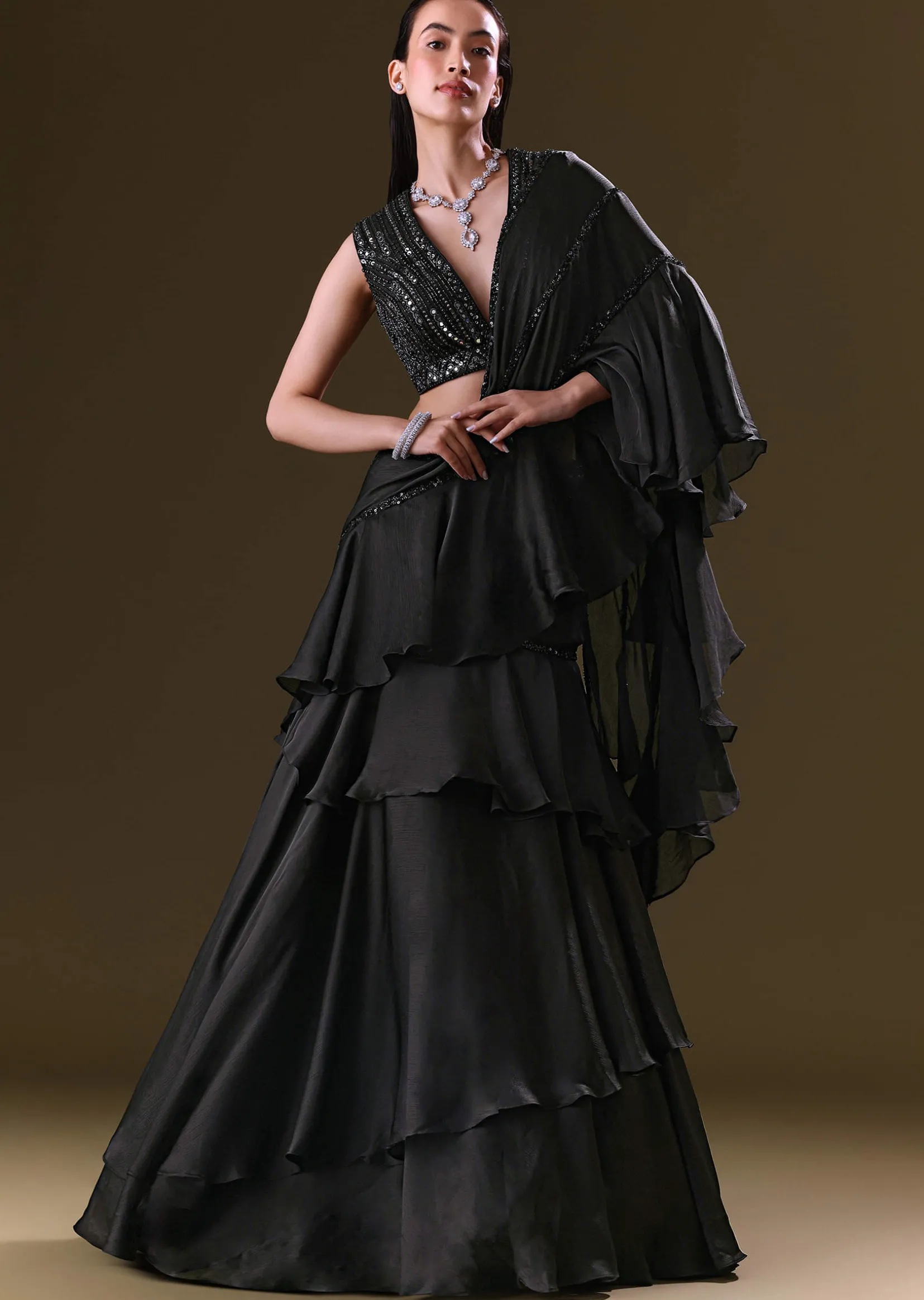 Black Lehenga Choli Set With Attached Dupatta