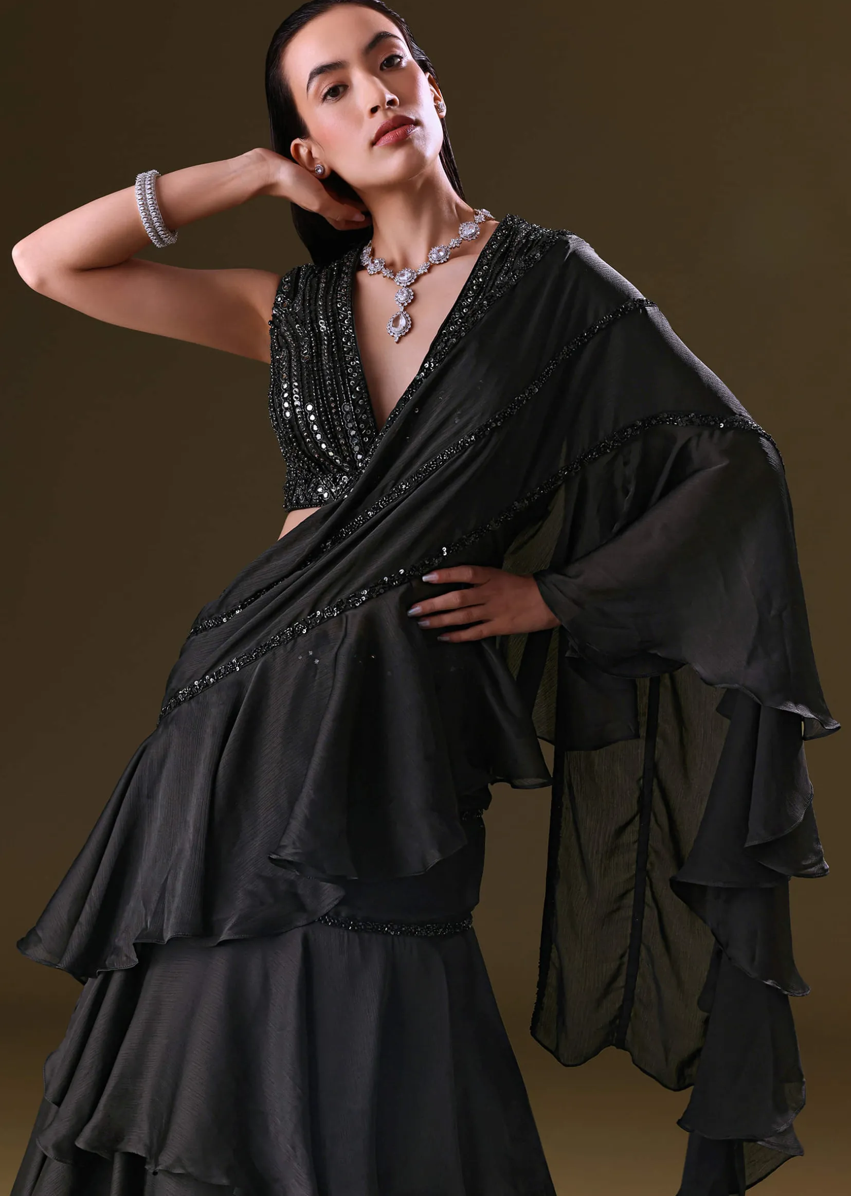 Black Lehenga Choli Set With Attached Dupatta