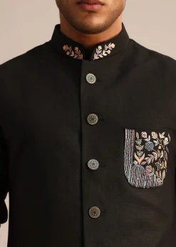 Black Linen Floral Resham Work Jacket Kurta Set