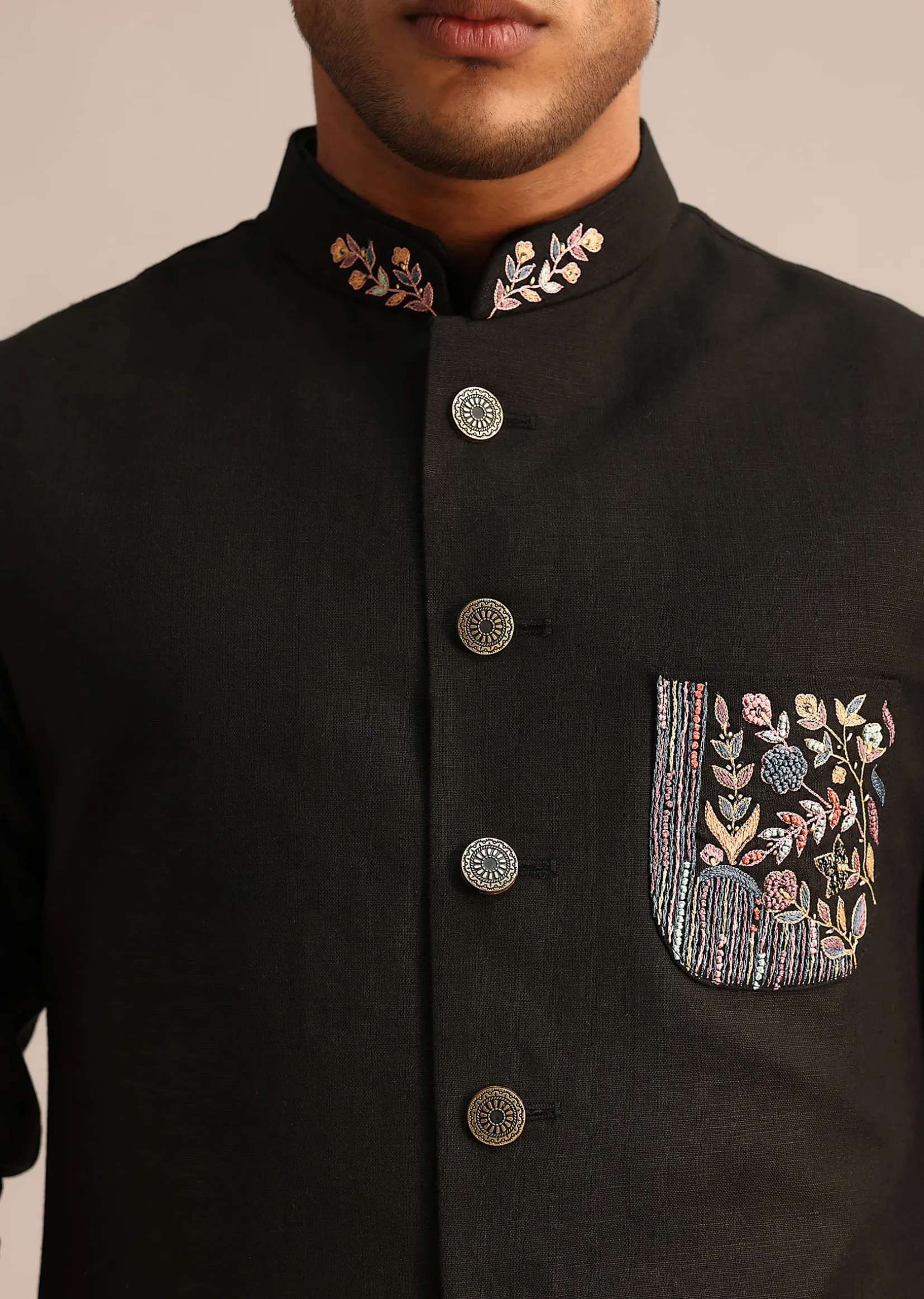 Black Linen Floral Resham Work Jacket Kurta Set