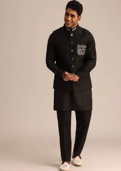 Black Linen Floral Resham Work Jacket Kurta Set