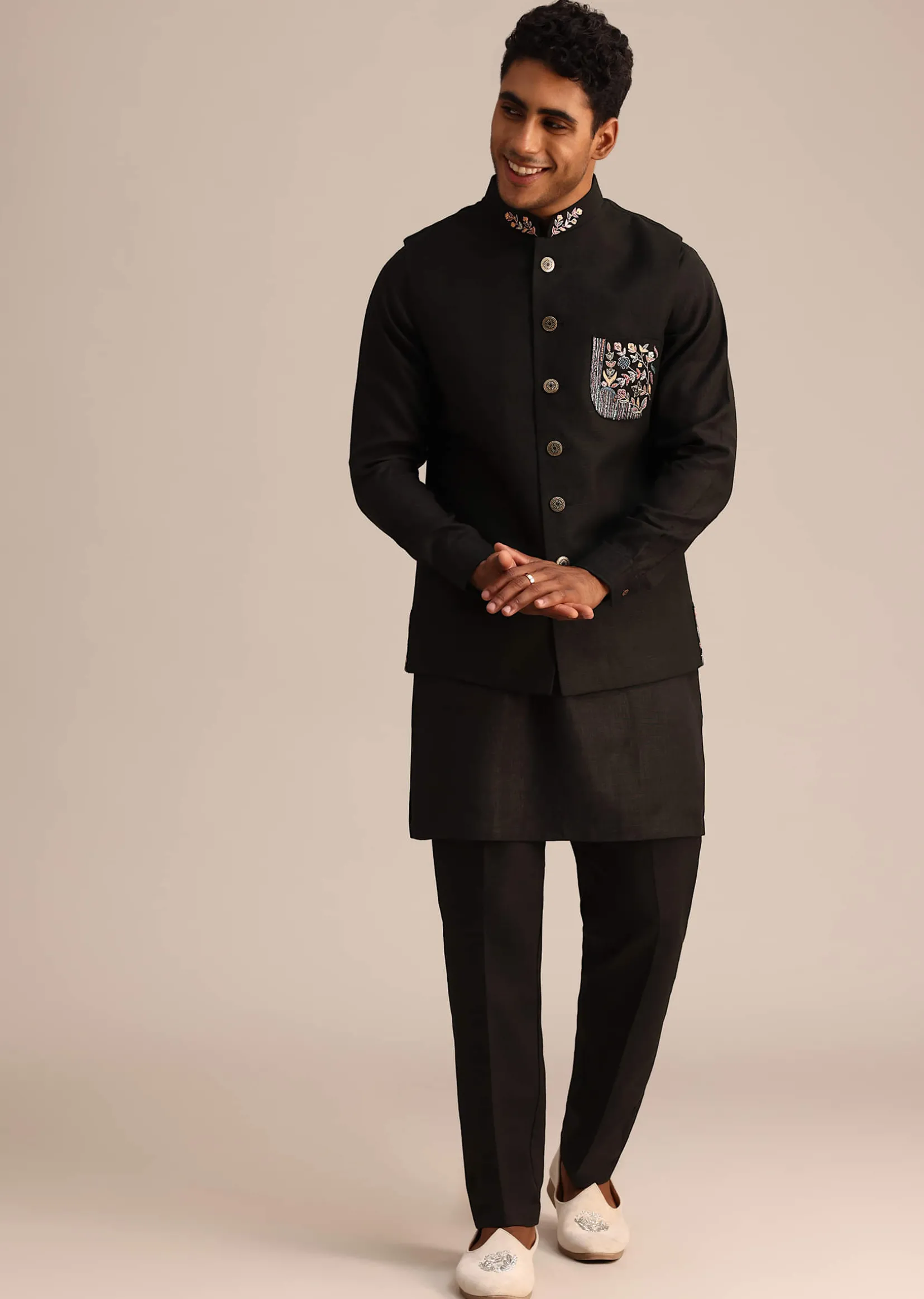 Black Linen Floral Resham Work Jacket Kurta Set