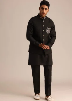 Black Linen Floral Resham Work Jacket Kurta Set
