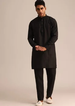Black Linen Floral Resham Work Jacket Kurta Set