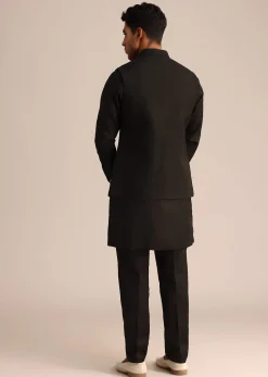 Black Linen Floral Resham Work Jacket Kurta Set