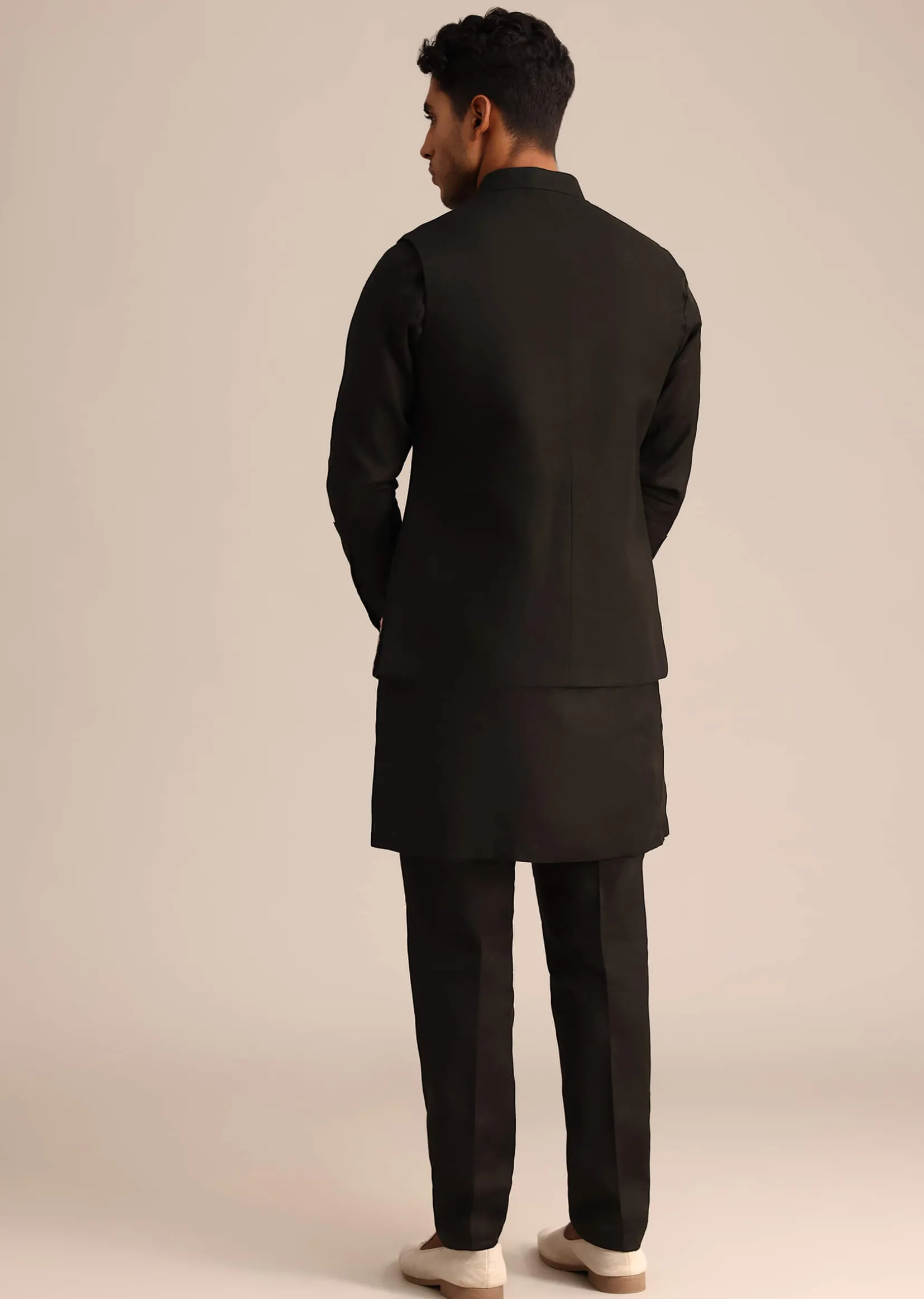 Black Linen Floral Resham Work Jacket Kurta Set