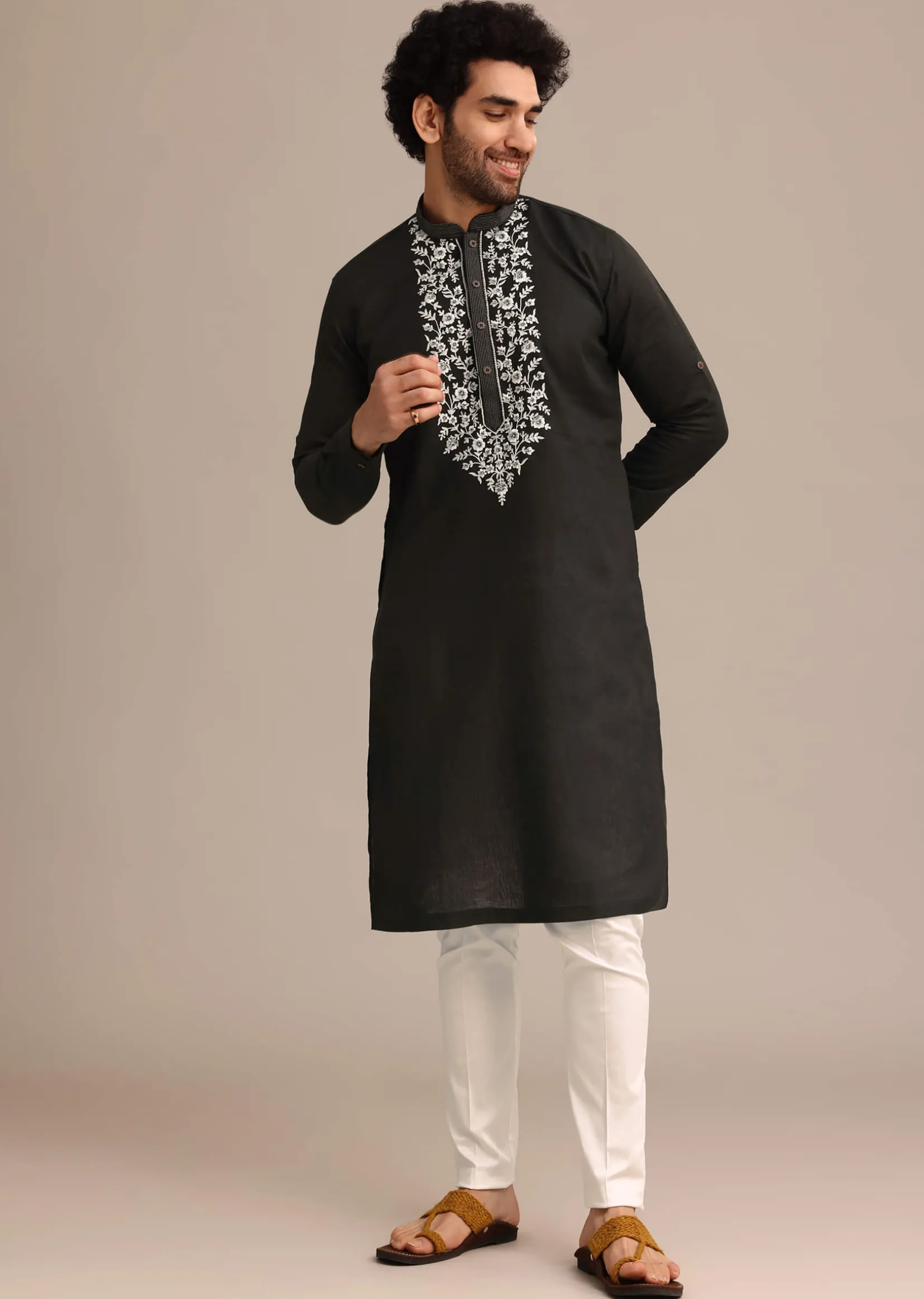 Black Linen Floral Resham Work Kurta Set